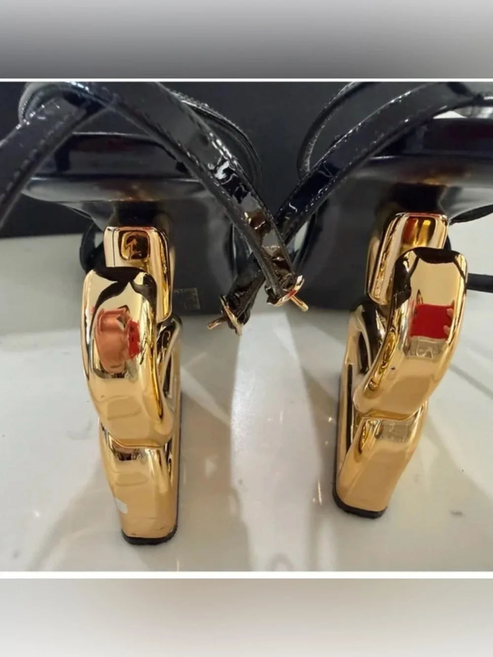 Dolce & Gabbana Black Patent Slingback Sandals with Gold Sculptural Heel